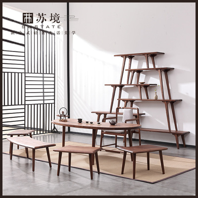 Black Walnut Tea tables and chairs combination New Chinese style Shelf Buddhist mood Shelf Treasure House Decoration Display cabinet customized