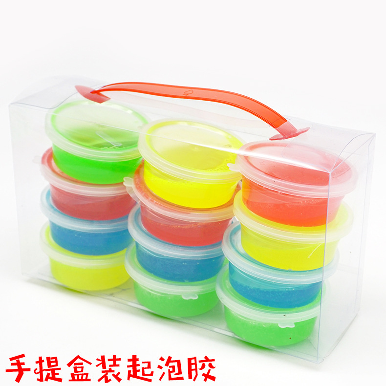 12 cajas 6 colores espuma pegamento portátil en caja tienda de barro caja pequeña traje Delgado burbuja transparente soplado pegamento