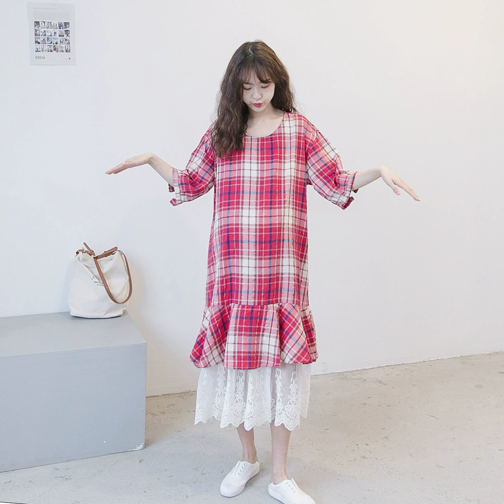 Летнее новое платье для беременных японская клетчатая свободная кружевная шитая кружевная беременная женщина с пятью точками с рукавами длинная юбка приливной мамы