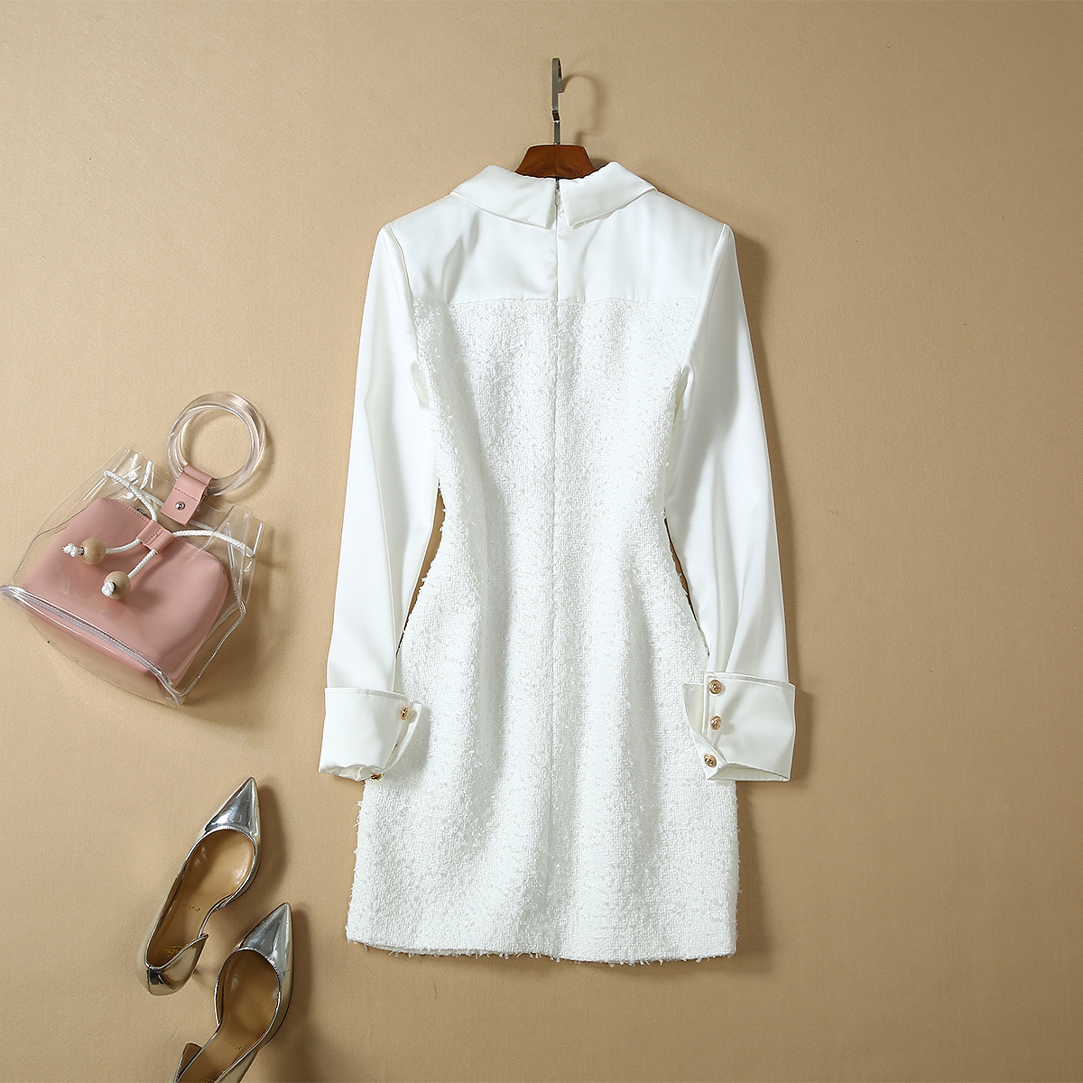 0807-07  精品缎面拼接毛昵口袋白色连衣裙S码胸围82