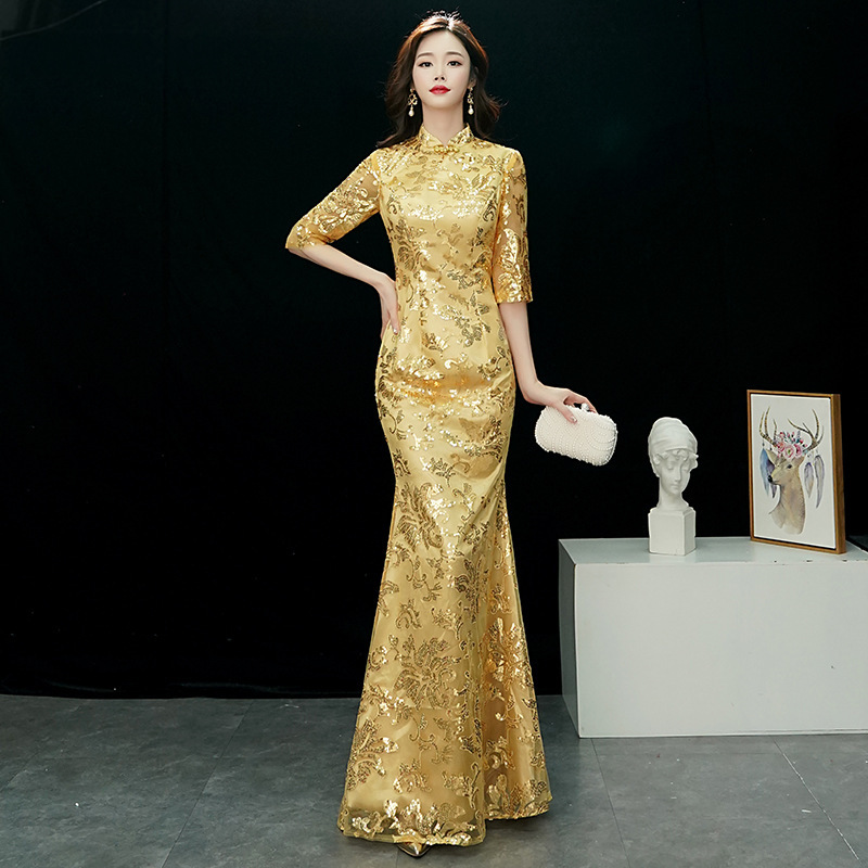 slim fit dress slacks Formal Gold Cheongsam