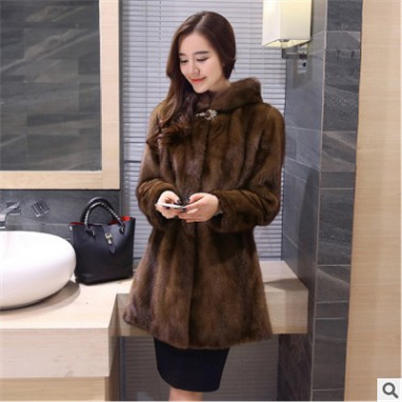 2019秋冬新款韓版仿水貂皮草外套中長款貂皮大衣帶帽整貂裘皮女裝