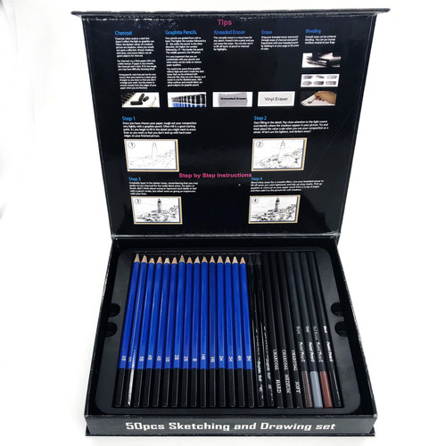 Cross-border new product 50 pieces paper box sketch pencil stationery set painting art supplies professional charcoal drawing pencil