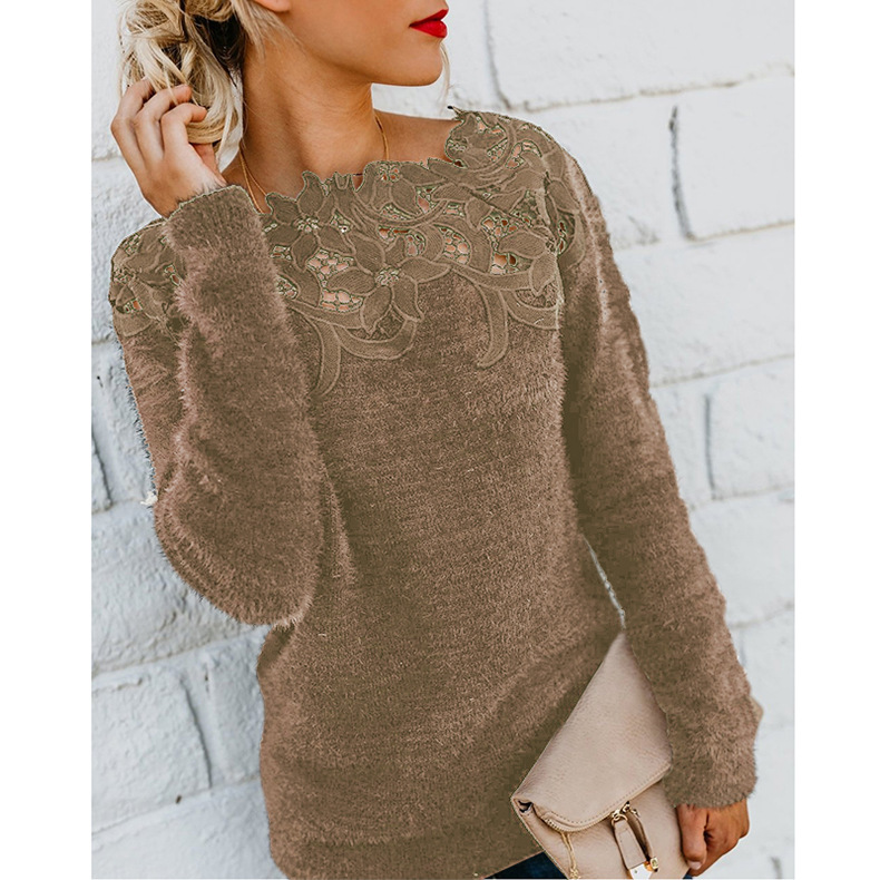 solid color stitching lace long sleeve sweater NSKX5890