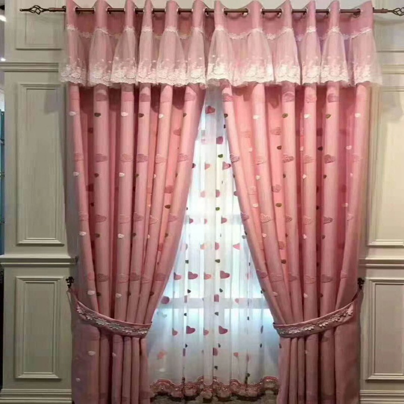Curtain cloth factory direct pink love towel embroidered shading curtain children's room princess room curtain