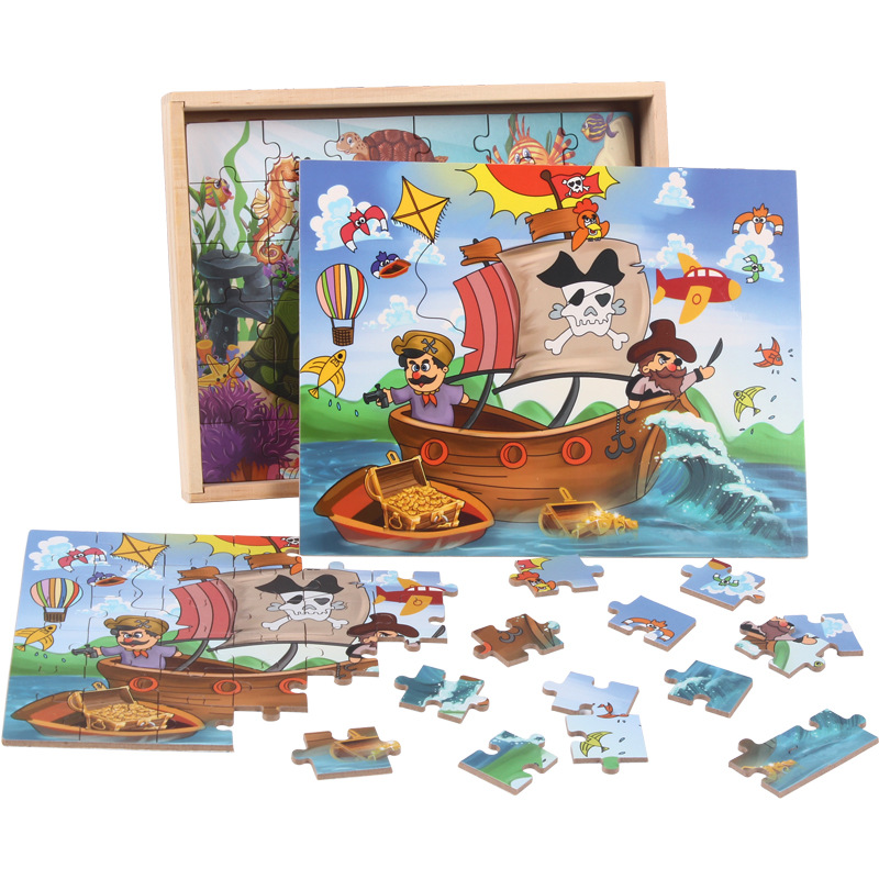 幼兒童益智早教木盒四合壹拼圖卡通動物交通工具拼板認知桌面遊戲