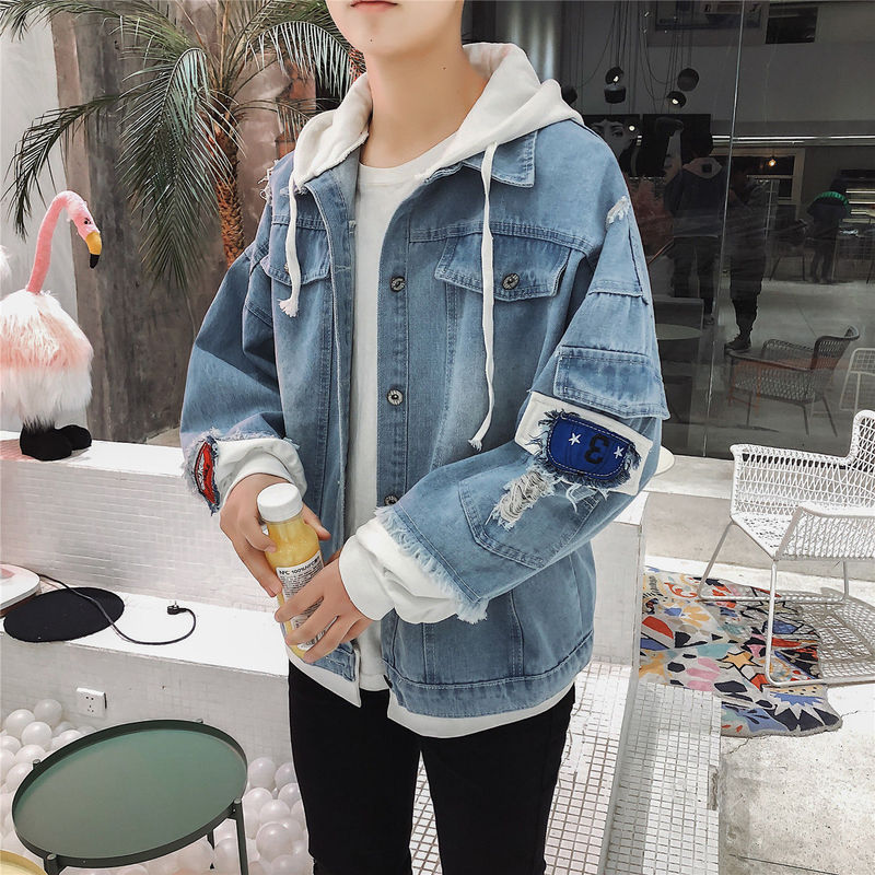 Spring and Autumn Korean-style Denim Jacket Men's Loose Fake Two-piece Hooded Jacket Couple's bf Style Student Clothes Trend