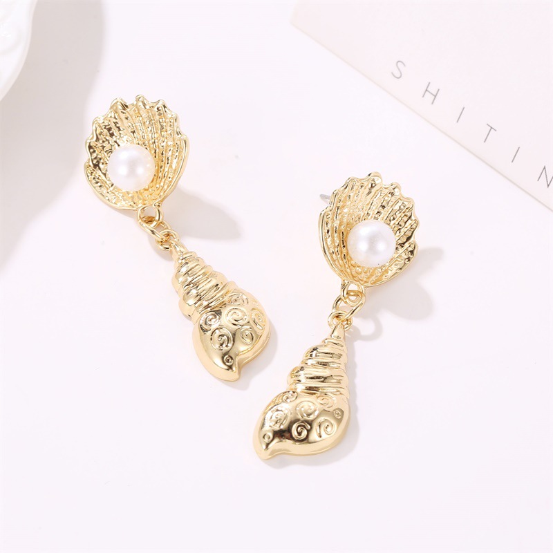 Européen Et Américain Hot Vis Pendentif Longue Boucles D'oreilles Ocean Shell Conque Perle Boucles D'oreilles Exclusive Pour Croix-frontière display picture 3