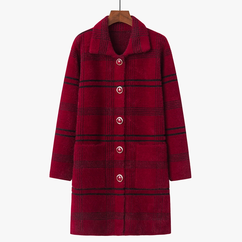 Новый зимний кардиган средней длины для женщин среднего возраста, свитер для мам среднего и пожилого возраста, шуба из искусственного меха норки в клетку для бабушки