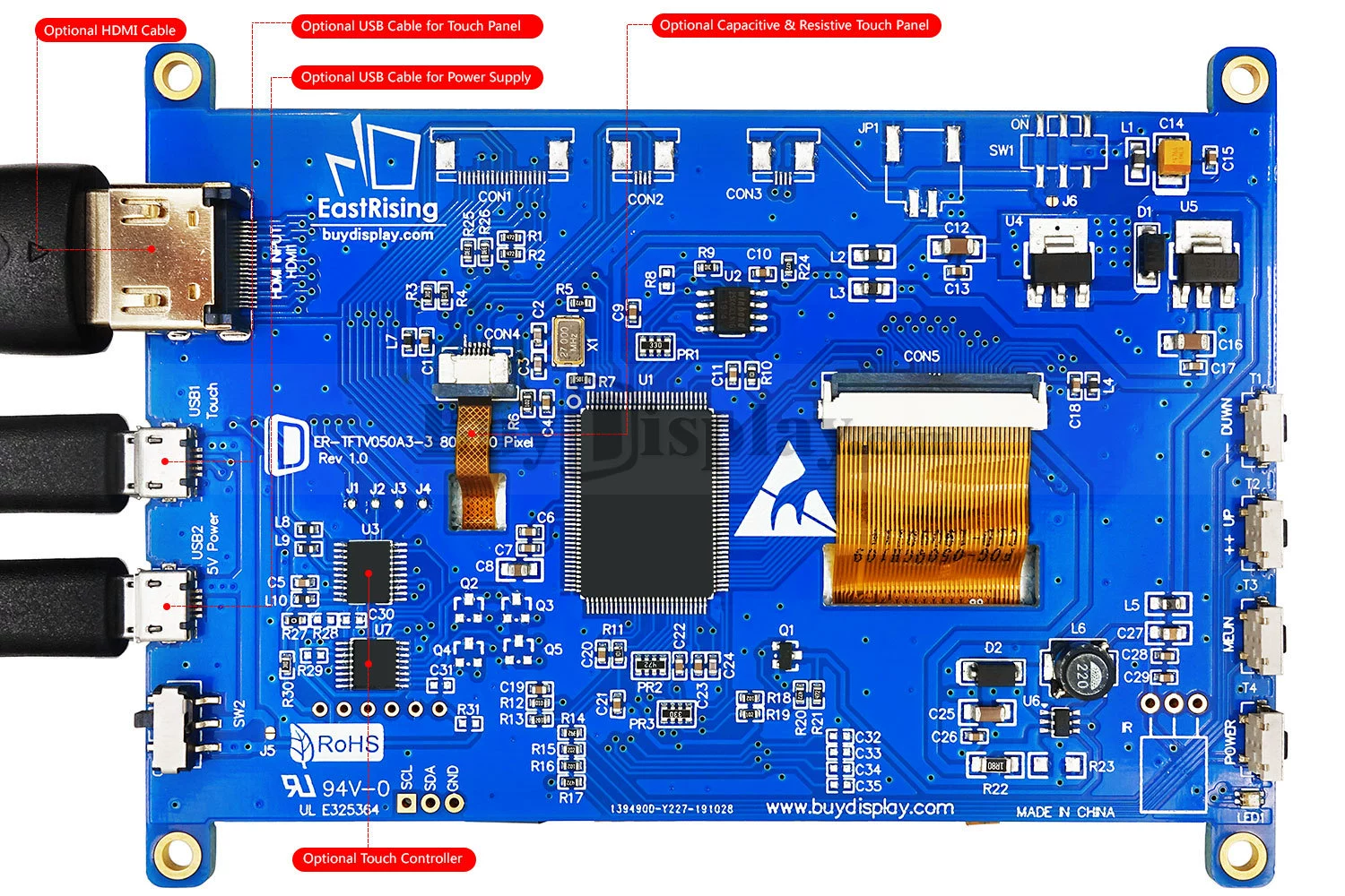 5-дюймовый TFT LCD цветной дисплей 800x480 с платой управления HDMI/опциональный сенсорный экран