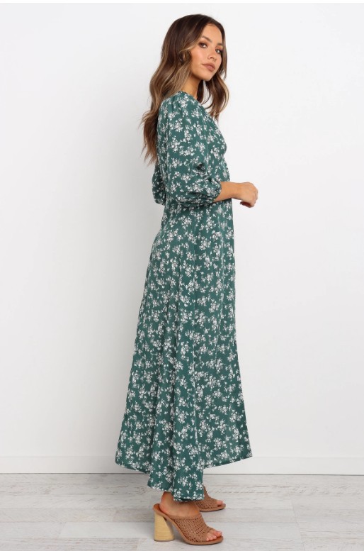  new printed long skirt V-neck pleated buckle three-quarter sleeves dress NSYD3721