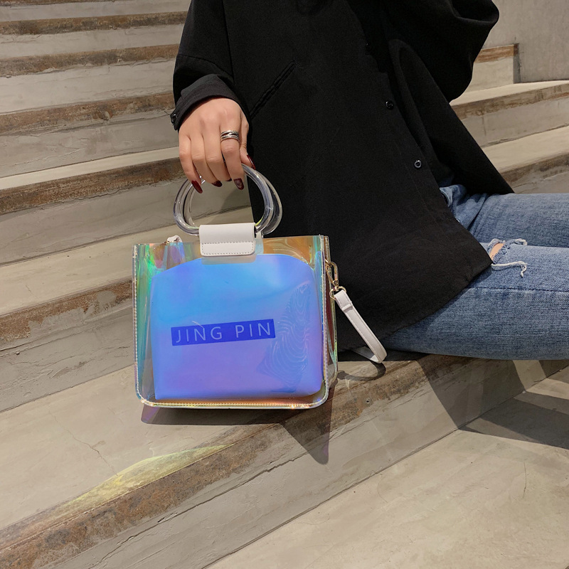 单肩透明包2019 新款潮韩版简约镭射子母包单肩果冻包