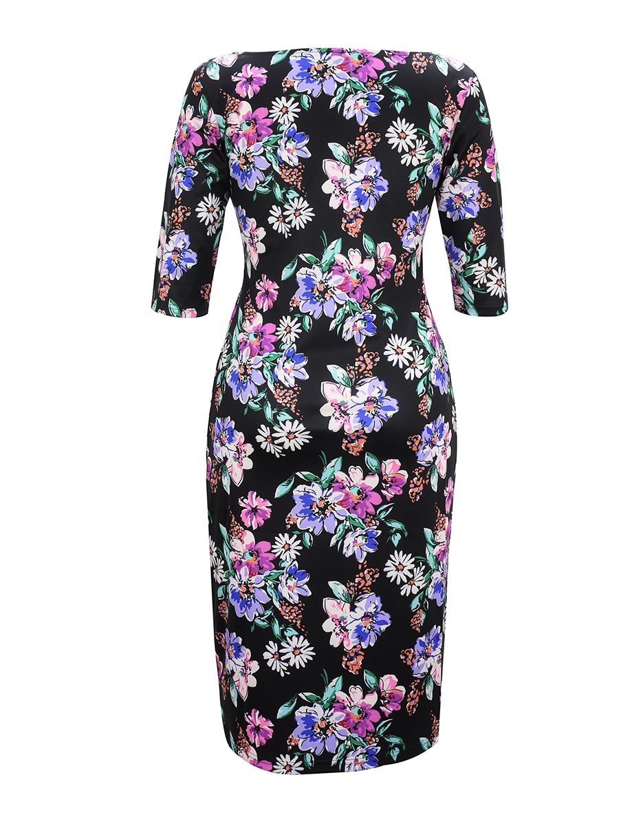 Round Neck Printed Bouquet Waist Slim Dress NSAL14189