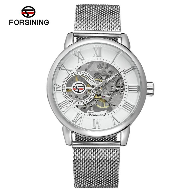 FORSINING/fusini hombres de acero inoxidable de negocios semiautomático reloj mecánico manual primavera A099