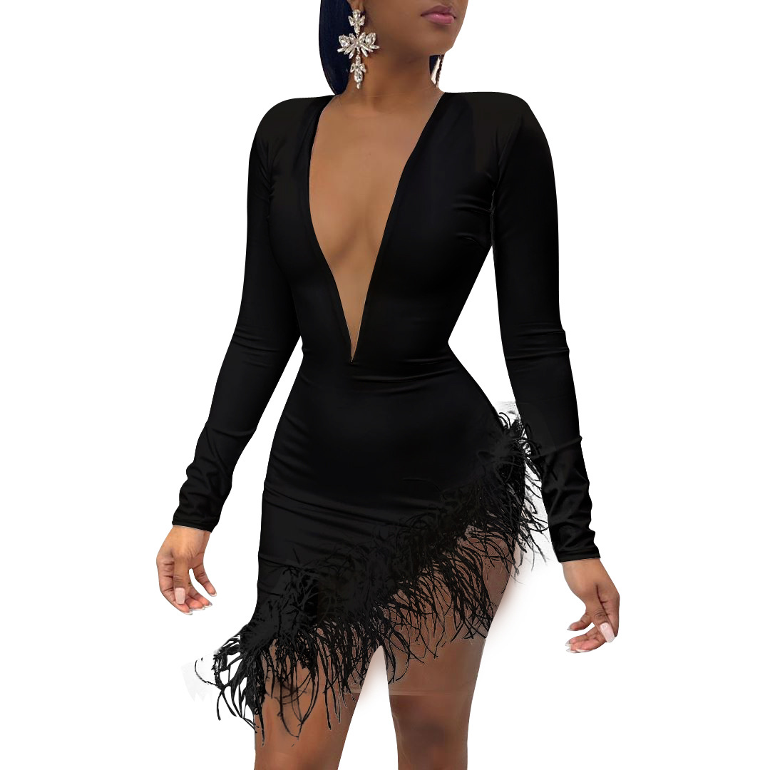 Women's Clothing YT3198 One Piece Women's Feather Mesh Splicing Dress_voghion.com