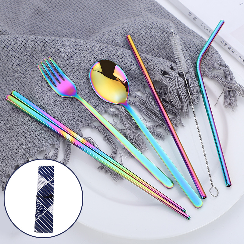originality environmental protection Portable tableware 6 sets colour 304 Stainless steel Spoon fork chopsticks suit straw combination