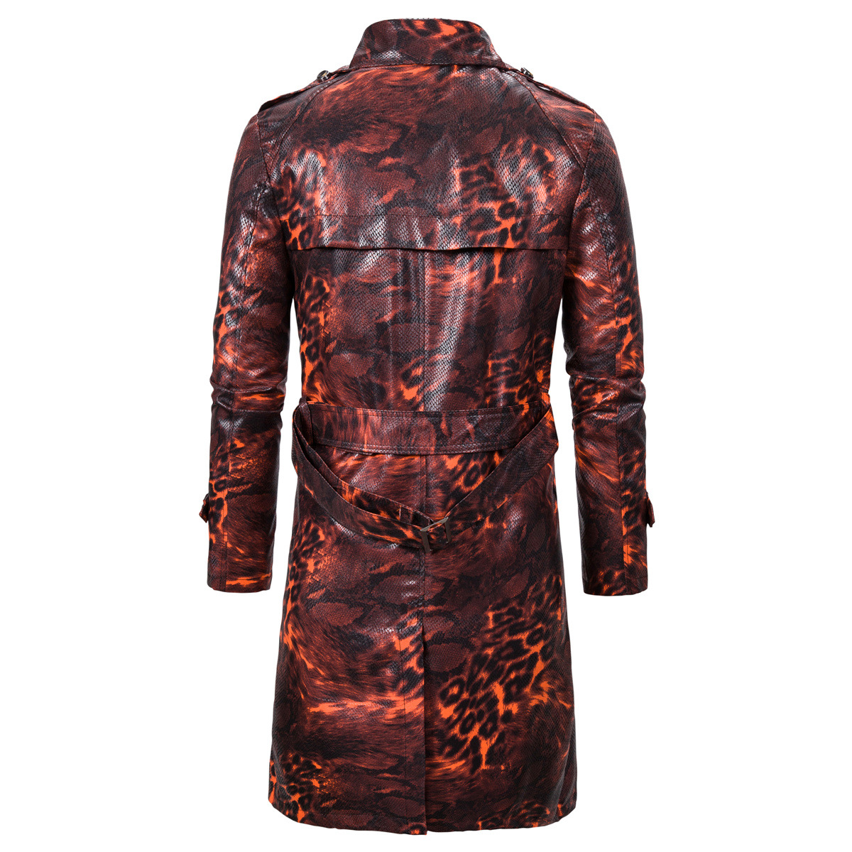 2019 autumn and winter new fashion leopard print medium long double breasted waistband men's windbreaker leather jacket_voghion.com