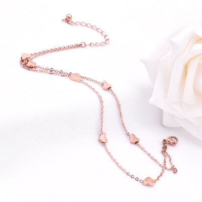 厂家直销 韩式潮流七颗桃心双层玫瑰金钛钢脚链 情侣爱心饰品