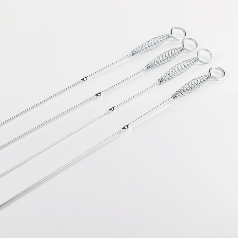Promoción de la fábrica pinchos de acero inoxidable mango de primavera palo de barbacoa pinchos redondos herramienta de barbacoa aguja palo de carne