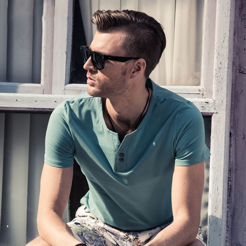 纯加工夏季新品男士短袖T恤 个性纽扣V领 纯色纯棉衣服男装半袖|ms