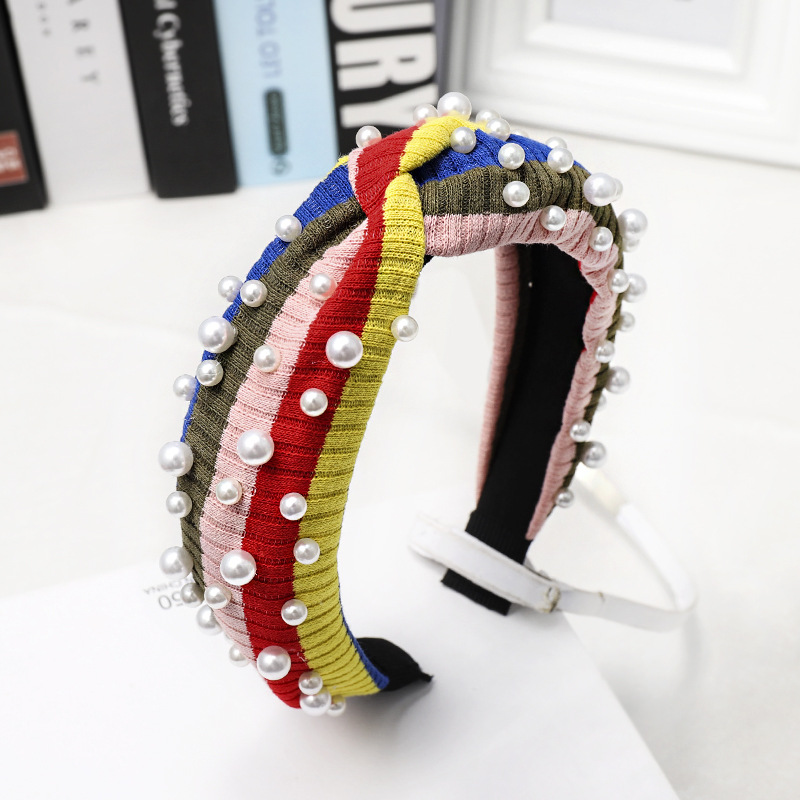 Simple Wild Rainbow Pearl Hairpin Stripe Knit Wool Wide Wash Headband display picture 8