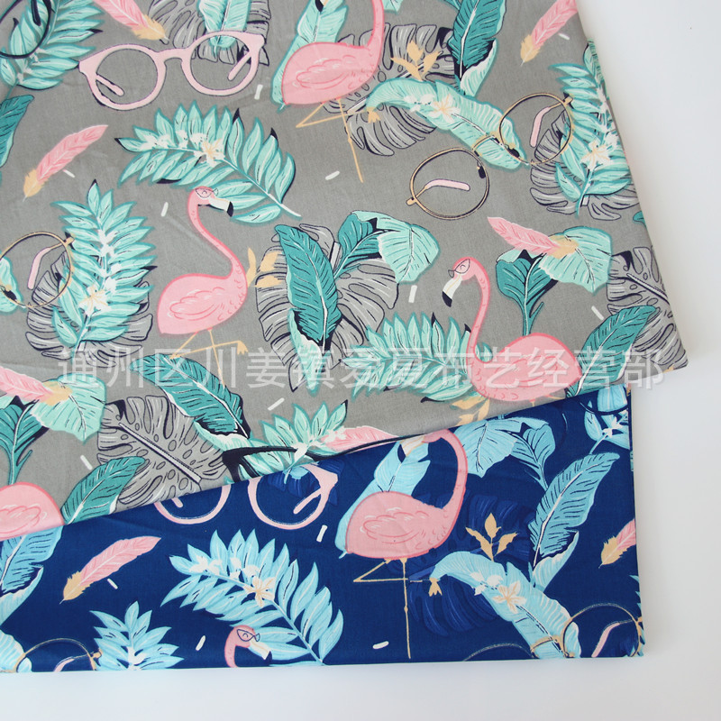 眼镜火烈鸟 斜纹纯棉卡通布料 全棉床品面料 被套床单布料批发