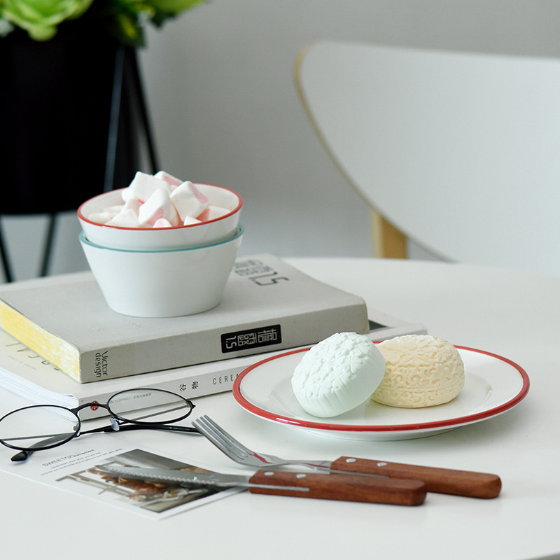 Simple Ceramic Snack Bowl Creative Underglaze Color-painted Edge Rice Bowl Soup Bowl Cake Dessert Round Bowl