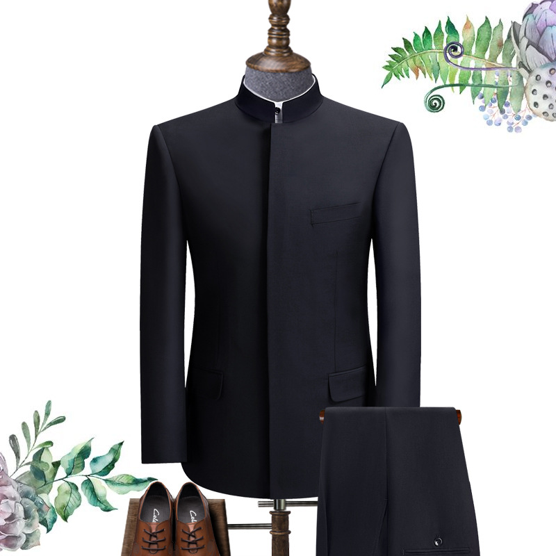 立领中山装羊毛男士套装中国风修身爸爸装国服暗门襟中华立领唐装