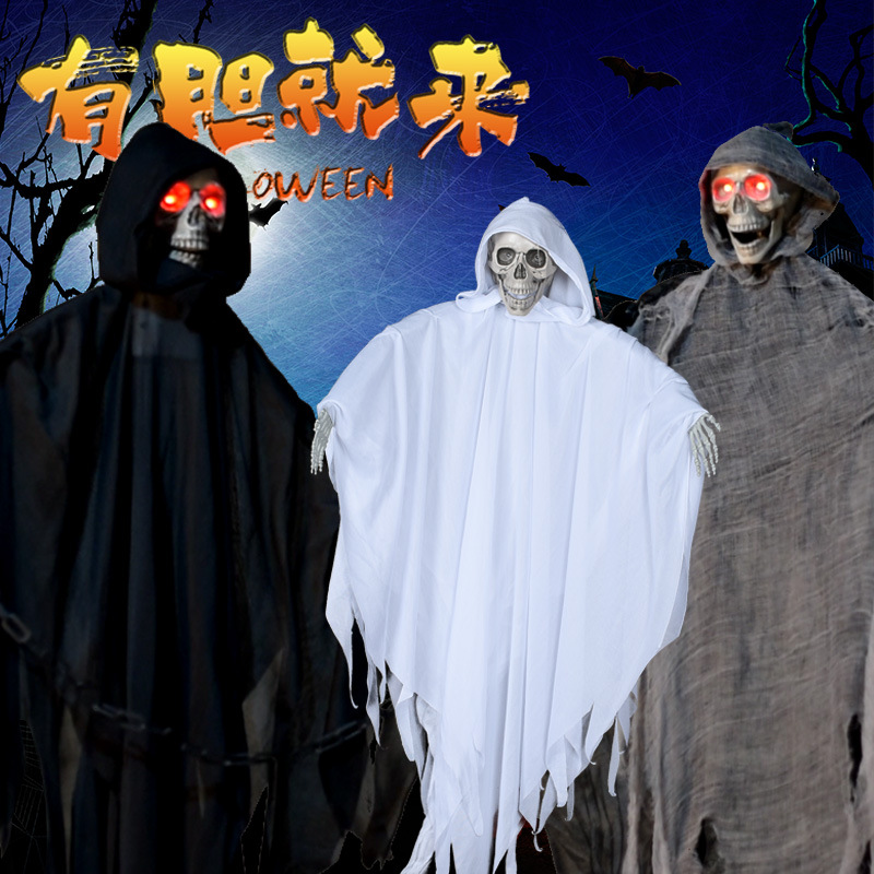 Decoración de casa embrujada de Halloween con cráneo colgante controlado por voz, para bar o KTV