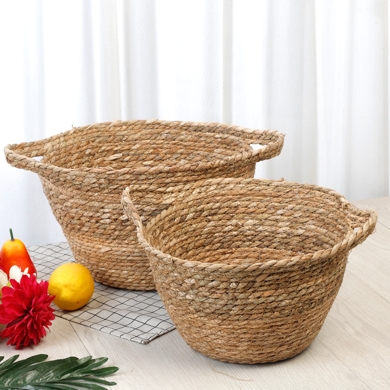 Cesta de almacenamiento portátil tejida de Sauce de hierba de estilo japonés creativo ropa redonda juguete merienda cesta de almacenamiento accesorios de tiro