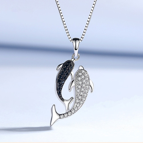 Black and White Zirconia Double Dolphin Necklace for Women Trendy Clavicle Minority Influencer Pendant Valentine's Day Gift for Girlfriend Wholesale