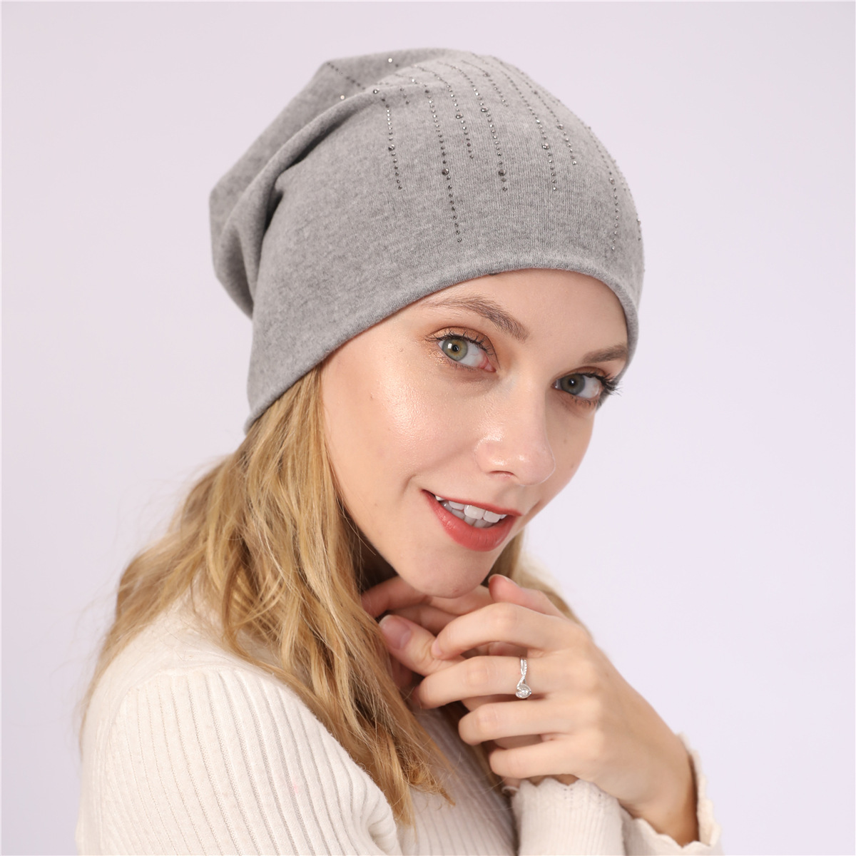 M965 nouveau automne/hiver Couple pull Double couche Imitation cachemire chaud diamant coton tissu chaud clair de lune chapeau_voghion.com