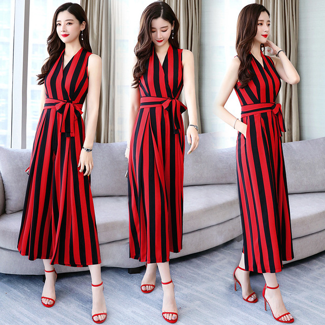 Striped pants summer dress new high waist sleeveless pantsuit 