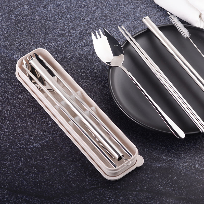 304 Stainless Steel Tableware Set Chopsticks Spoon Straw Travel Wheat Straw Box Portable Set Gift Tableware Set