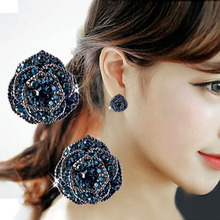 韓國網紅S925銀針氣質個性鑲鑽玫瑰花 耳環 耳釘爆款百搭耳飾批發