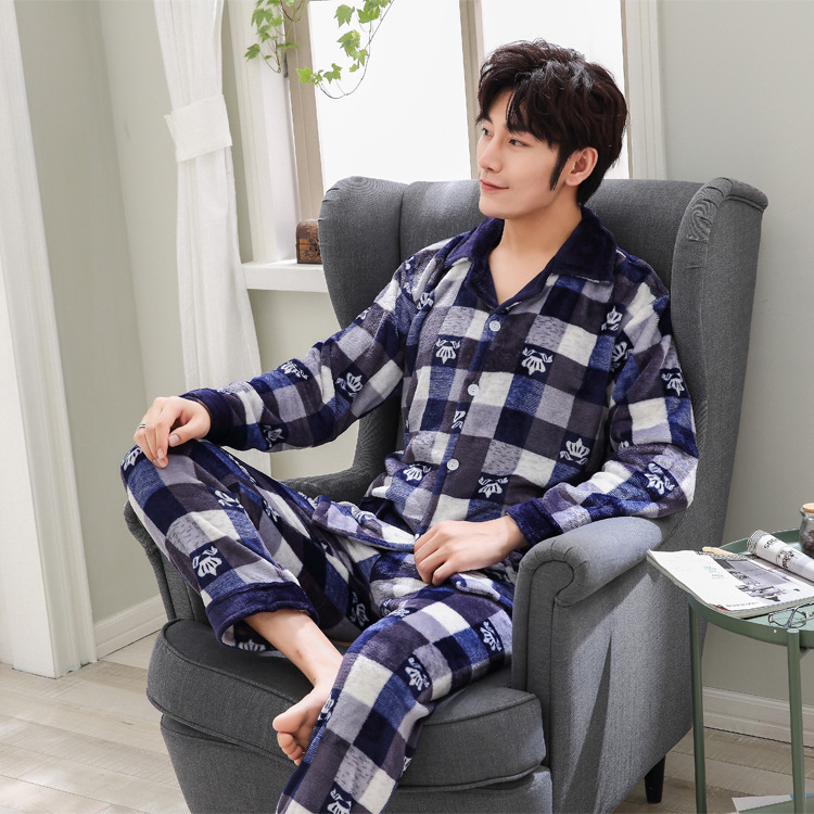 2022新款冬季不倒绒睡衣简约男士开衫翻领加绒加厚家居服两件套装