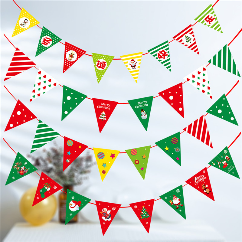 Decoraciones de Navidad Bandera de triángulo Feliz Navidad bandera colorida Bandera de doble cara Ventana de Navidad diseño familiar bandera colgante