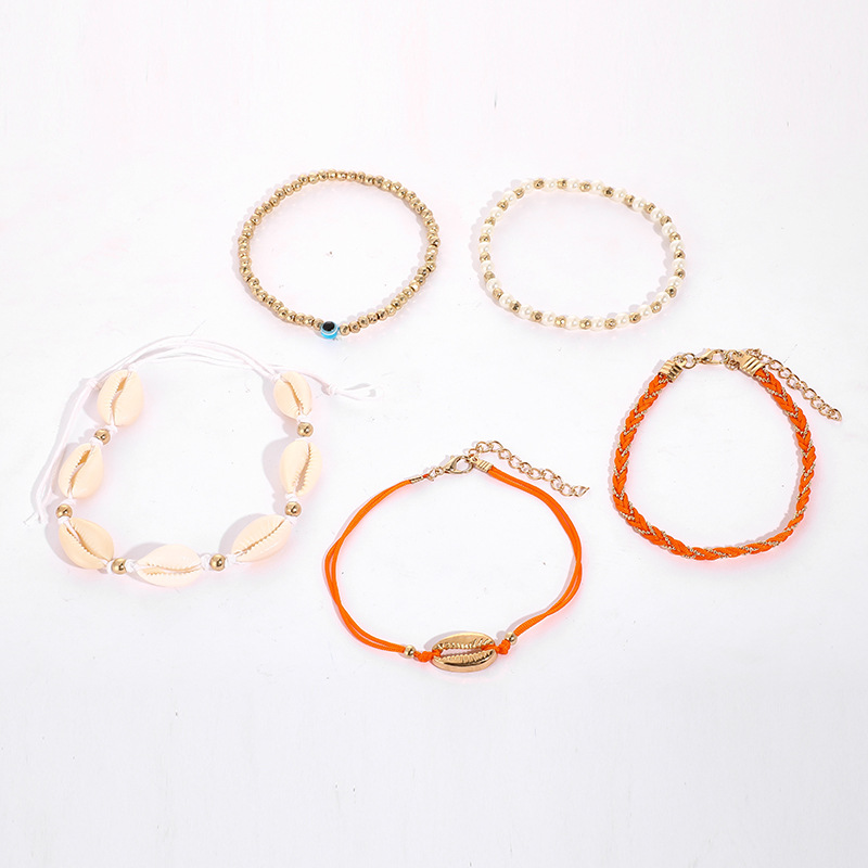 Bohemia Hand-woven Wax Thread Rice Beads Eyes Conch Shell Anklet 5-piece Set Wholesales Fashion display picture 3