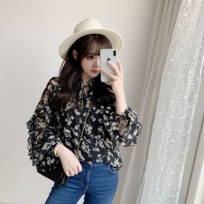 [Dai Shan] 2019 Spring and summer Ouyang Nana fresh Broken flowers Lotus Fungus Hem printing jacket Chiffon shirt
