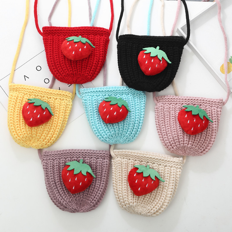 跨境爆款零钱包 儿童卡通草莓针织包包可爱水果系列单肩斜跨包