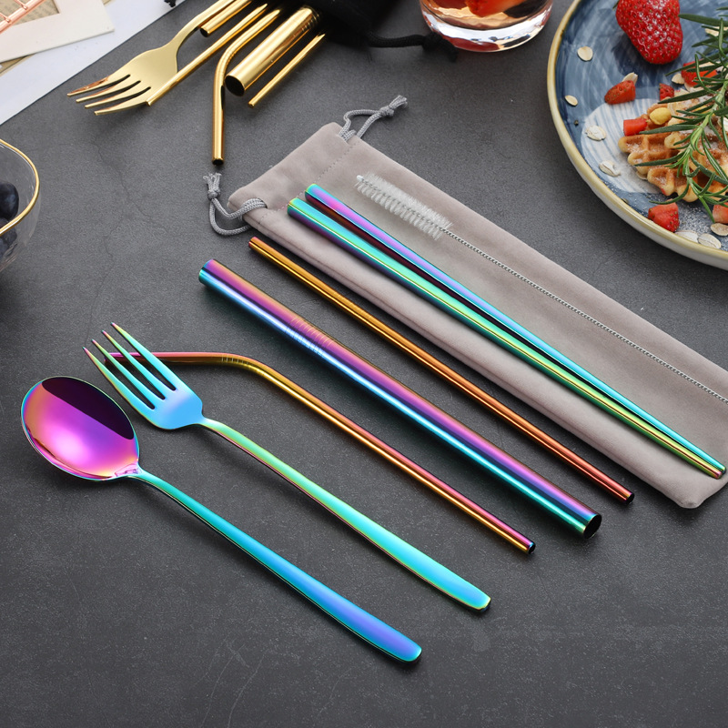 厂家直供 镀钛环保便携餐具8件套 彩色304不锈钢勺子筷子吸管套装