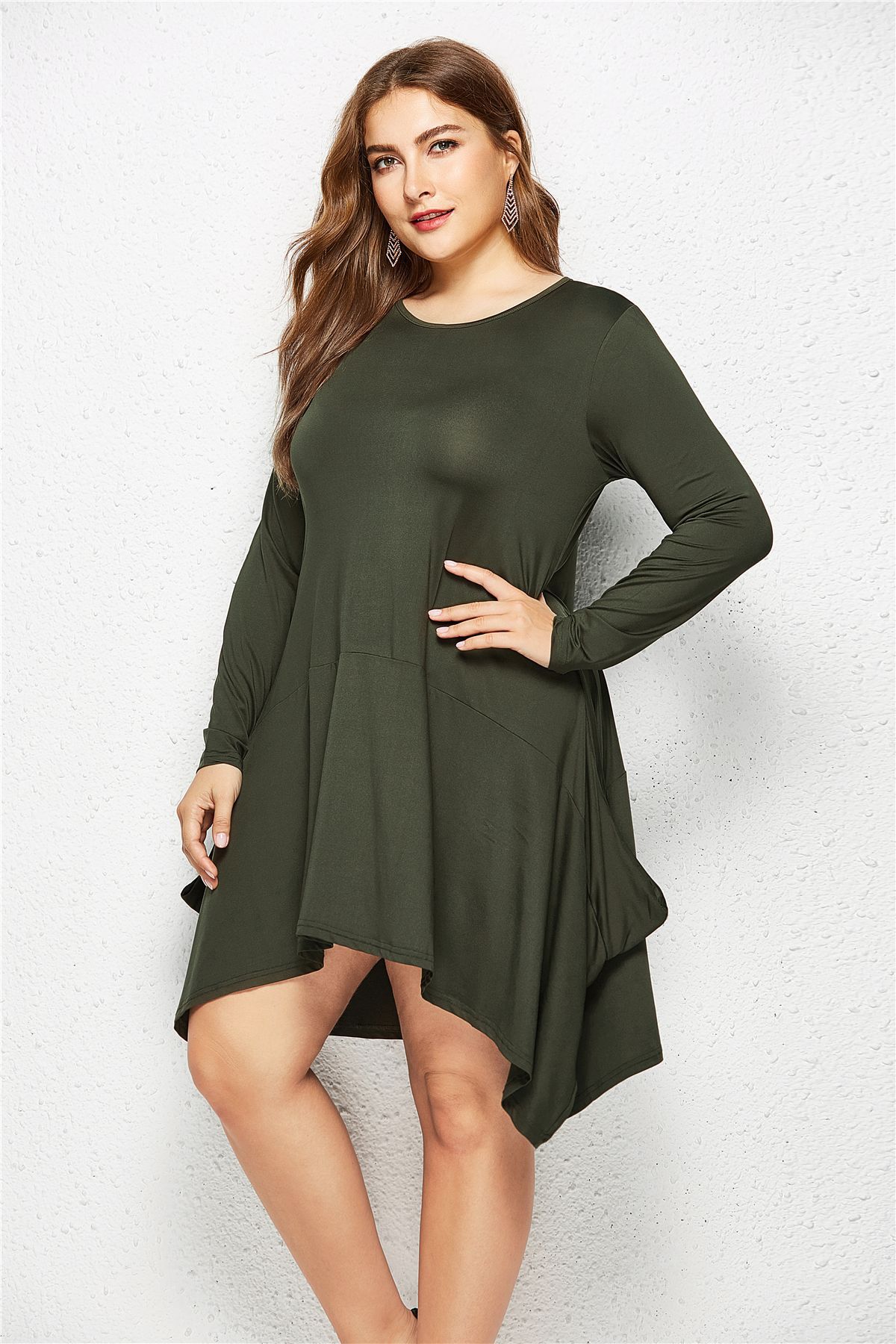 solid color round neck long sleeve pocket dress NSLM33260