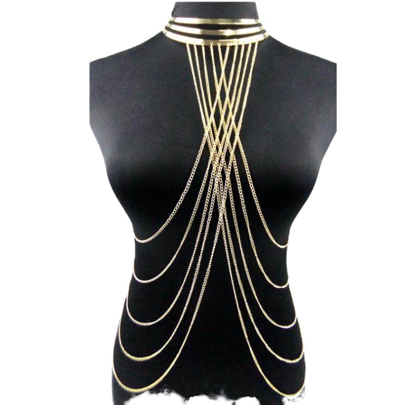 Cadena de cuerpo en capas Collar de borlas de oro Joyería de moda Sujetador de cintura de vientre Bikini caliente Boho Arnés de playa Festival de aniversario Regalo para mujeres Dama Niñas