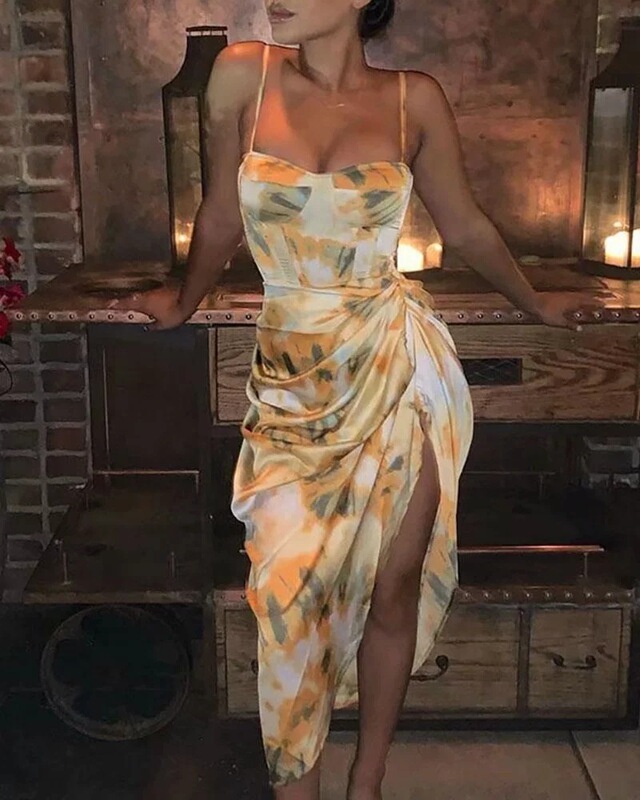 2020 Women's new vintage printed pleated irregular suspender dress chiffon real shot model