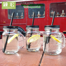 透明玻璃把子水杯創意飲料杯公雞杯帶吸管透明玻璃梅森杯廠家批發