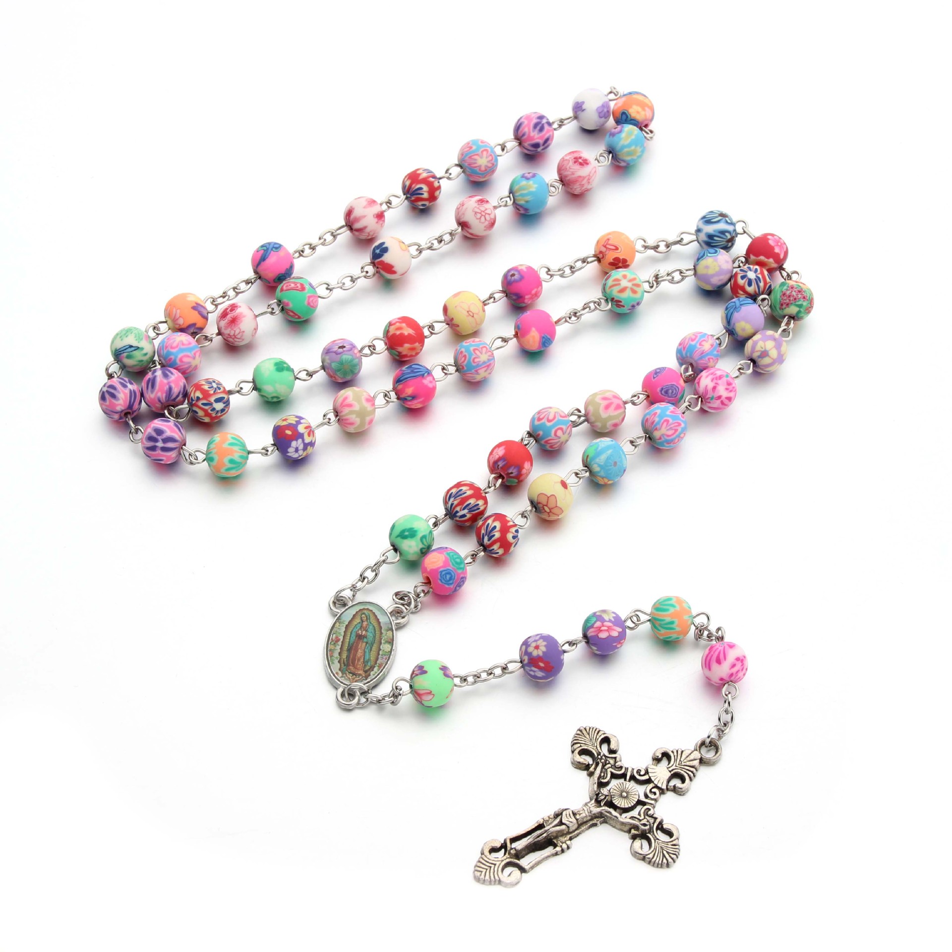 Soft Pottery Rosary Cross Necklace Christian Catholic
