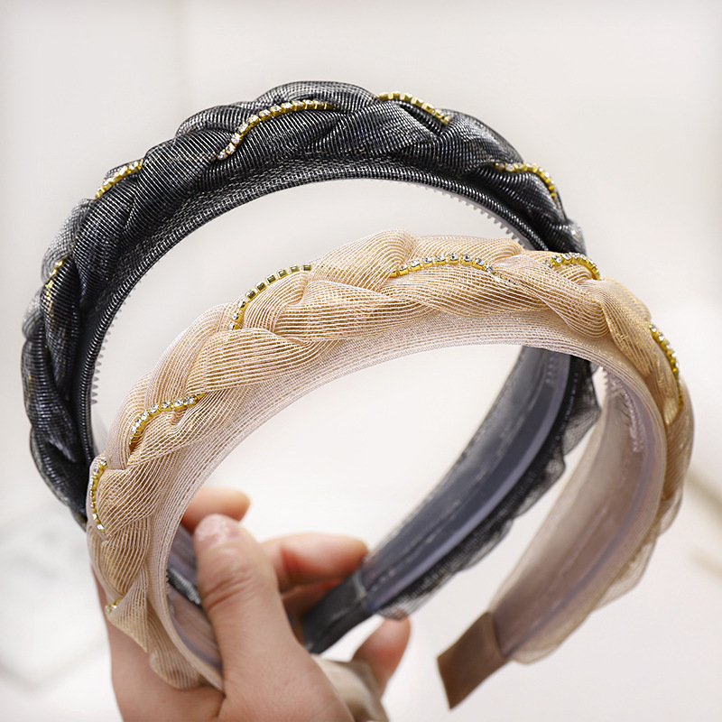 Korea Rhinestone Twist Braid Headband Pearlescent Organza Lace Headband Fabric Hairpin wholesale nihaojewelrypicture6