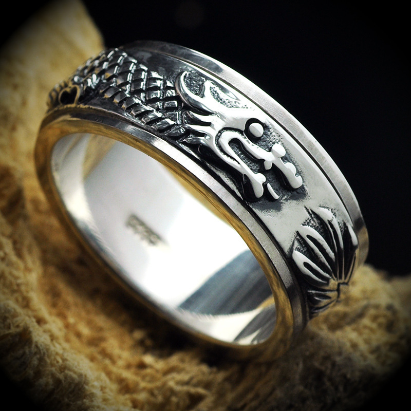龙 转运925银戒指男士个性泰银戒指 可转动宽指环霸气复古时尚