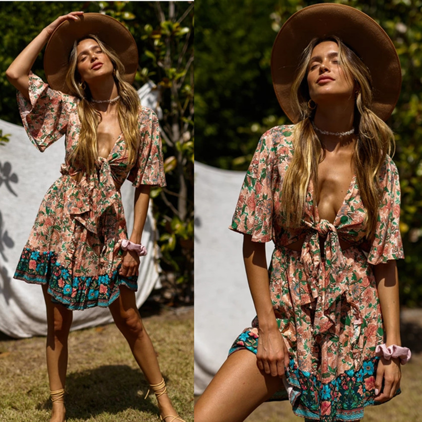 bohemian print front tie V-neck beach dress NSJKW119166