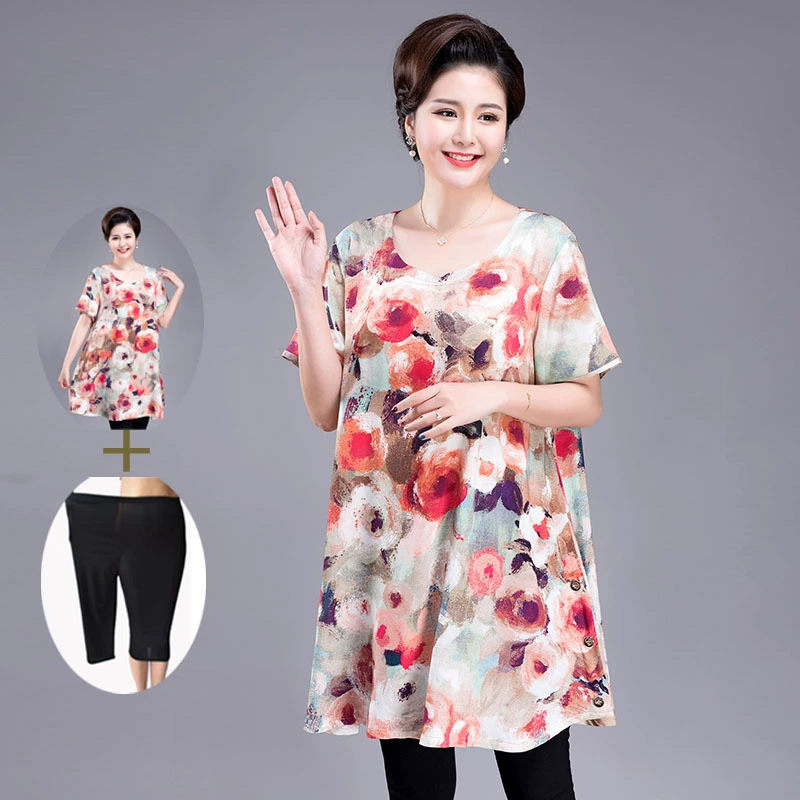 Комплект из двух предметов, летняя футболка для пожилых женщин среднего возраста с короткими рукавами, 300 Jin, в упаковке для полных мам, большого размера, 2020